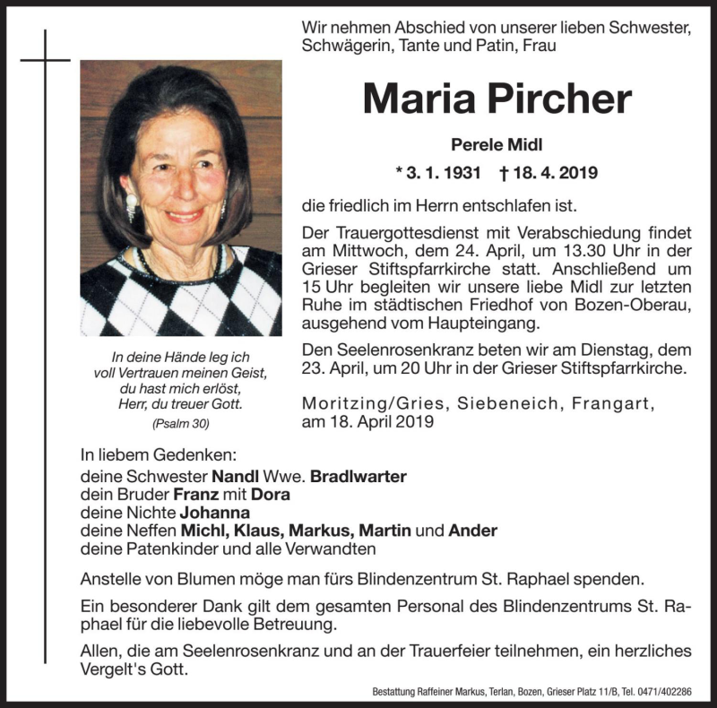  Traueranzeige für Maria Pircher vom 20.04.2019 aus Dolomiten