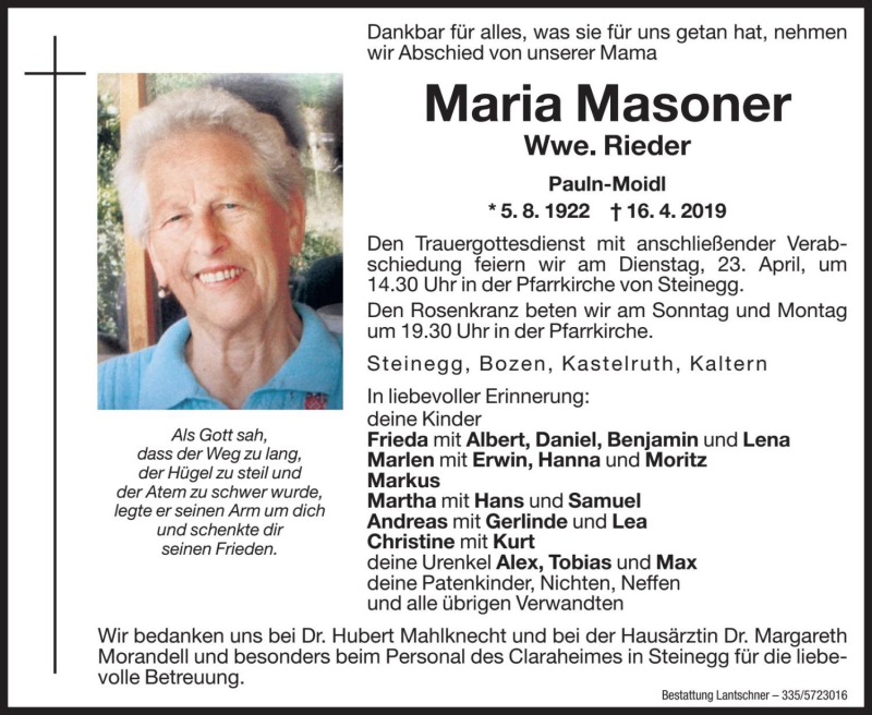  Traueranzeige für Maria Rieder vom 19.04.2019 aus Dolomiten