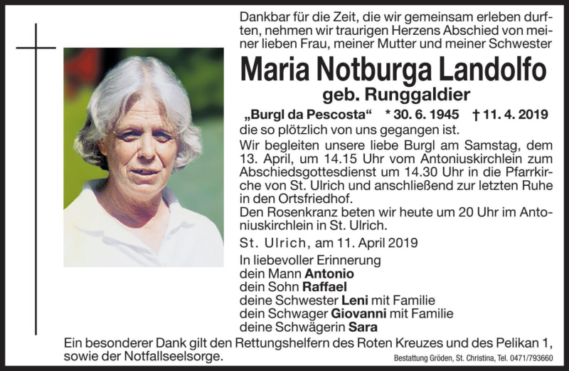  Traueranzeige für Maria Notburga Landolfo vom 12.04.2019 aus Dolomiten