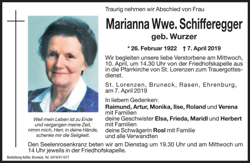  Traueranzeige für Marianna Schifferegger vom 09.04.2019 aus Dolomiten