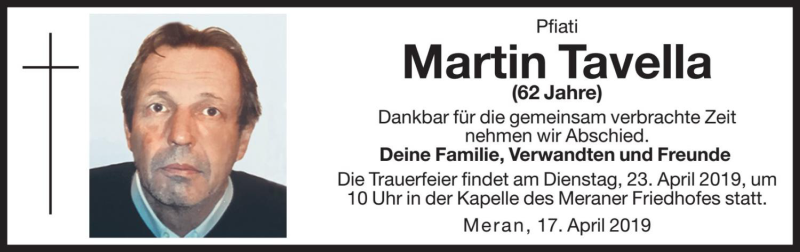  Traueranzeige für Martin Tavella vom 20.04.2019 aus Dolomiten