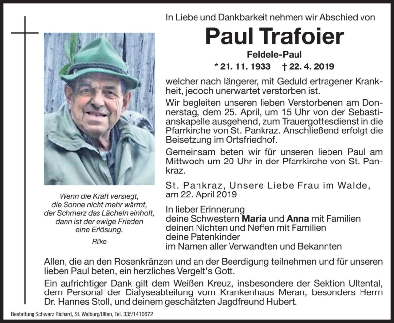  Traueranzeige für Paul Trafoier vom 24.04.2019 aus Dolomiten