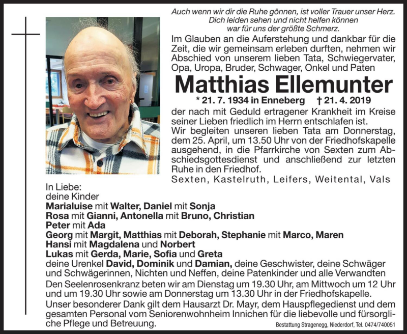  Traueranzeige für Matthias Ellemunter vom 23.04.2019 aus Dolomiten