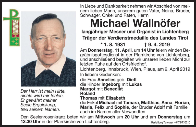  Traueranzeige für Michael Wallnöfer vom 10.04.2019 aus Dolomiten