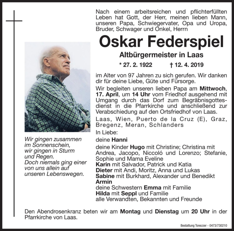  Traueranzeige für Oskar Federspiel vom 15.04.2019 aus Dolomiten