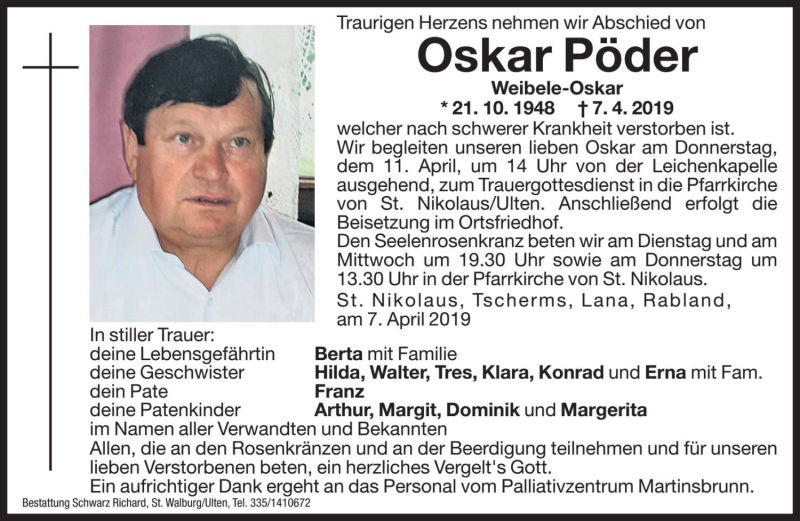  Traueranzeige für Oskar Pöder vom 09.04.2019 aus Dolomiten