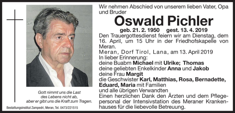  Traueranzeige für Oswald Pichler vom 16.04.2019 aus Dolomiten