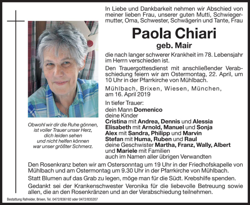  Traueranzeige für Paola Chiari vom 19.04.2019 aus Dolomiten