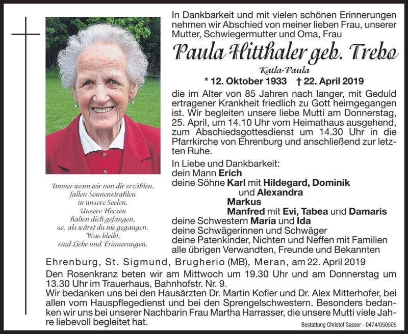  Traueranzeige für Paula Hitthaler vom 24.04.2019 aus Dolomiten