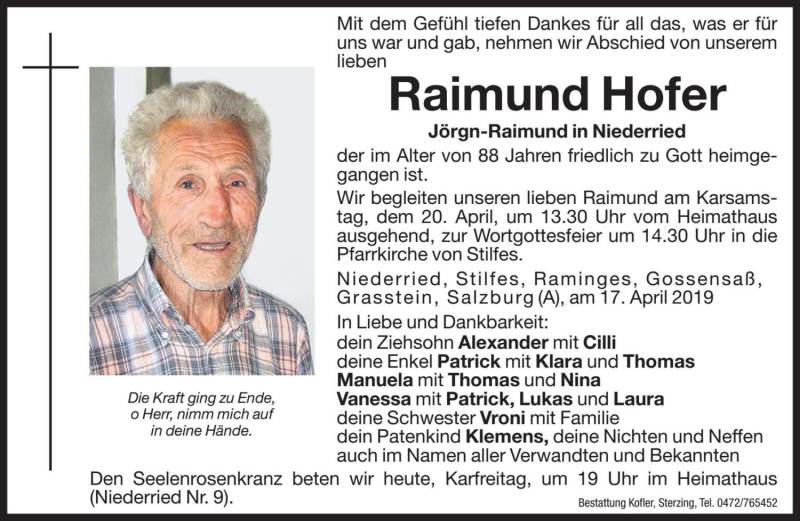  Traueranzeige für Raimund Hofer vom 19.04.2019 aus Dolomiten