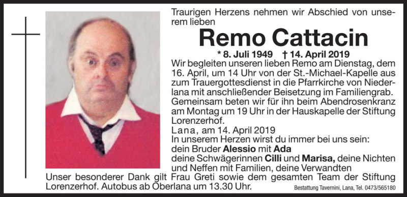  Traueranzeige für Remo Cattacin vom 15.04.2019 aus Dolomiten