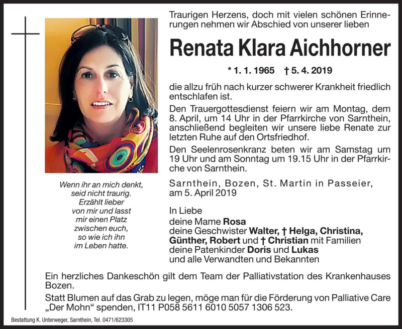  Traueranzeige für Renata Klara Aichhorner vom 06.04.2019 aus Dolomiten