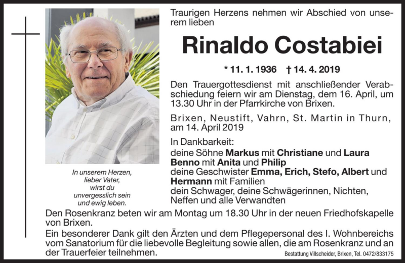  Traueranzeige für Rinaldo Costabiei vom 15.04.2019 aus Dolomiten