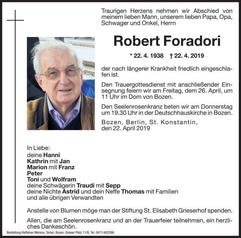  Traueranzeige für Robert Foradori vom 24.04.2019 aus Dolomiten