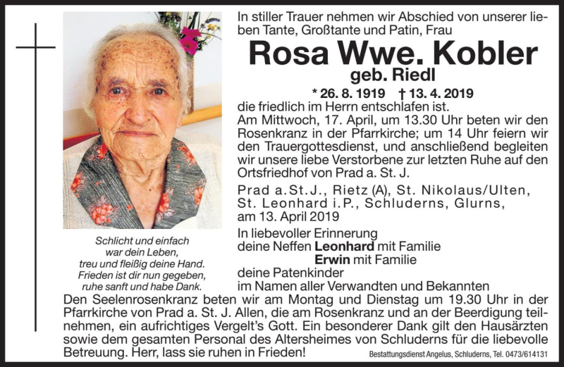  Traueranzeige für Rosa Kobler vom 15.04.2019 aus Dolomiten