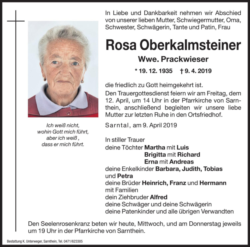  Traueranzeige für Rosa Prackwieser vom 10.04.2019 aus Dolomiten