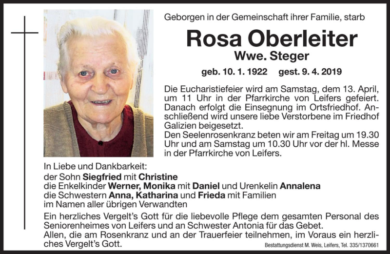  Traueranzeige für Rosa Steger vom 11.04.2019 aus Dolomiten