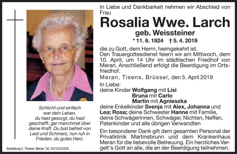  Traueranzeige für Rosalia Larch vom 08.04.2019 aus Dolomiten