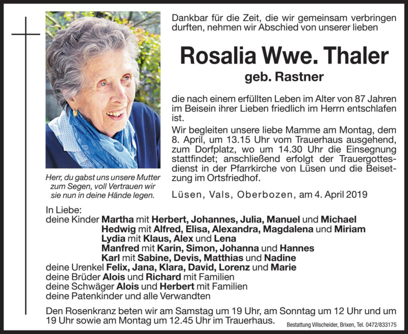  Traueranzeige für Rosalia Thaler vom 06.04.2019 aus Dolomiten