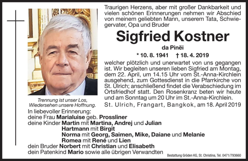  Traueranzeige für Sigfried Kostner vom 20.04.2019 aus Dolomiten