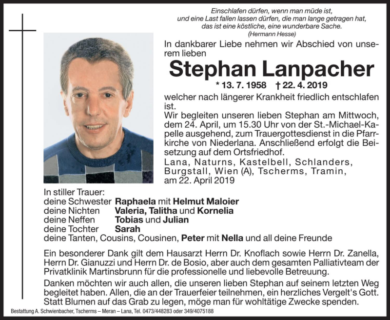  Traueranzeige für Stephan Lanpacher vom 24.04.2019 aus Dolomiten
