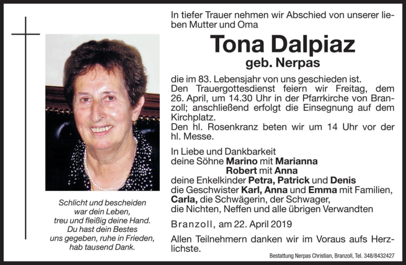  Traueranzeige für Tona Dalpiaz vom 24.04.2019 aus Dolomiten