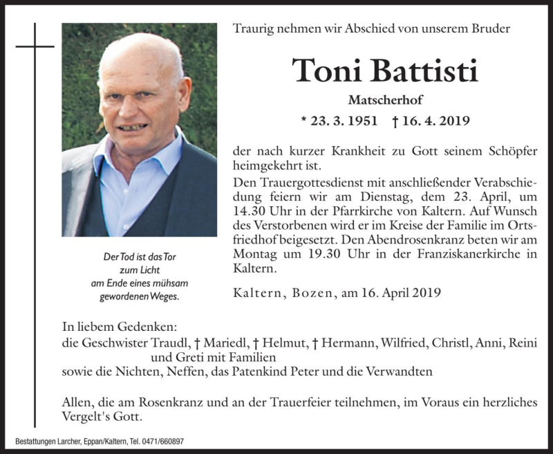  Traueranzeige für Toni Battisti vom 20.04.2019 aus Dolomiten