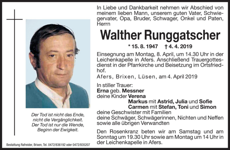  Traueranzeige für Walther Runggatscher vom 06.04.2019 aus Dolomiten