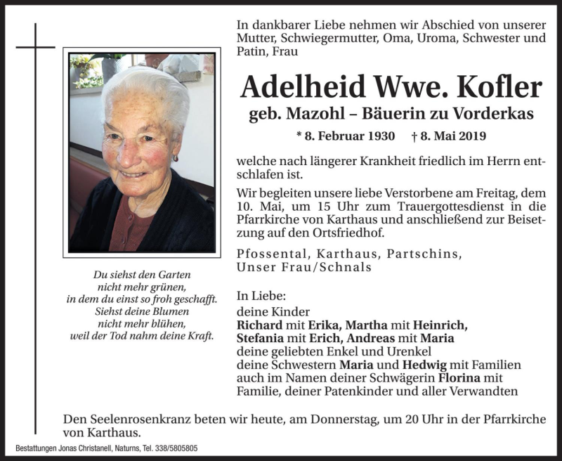  Traueranzeige für Adelheid Kofler vom 09.05.2019 aus Dolomiten