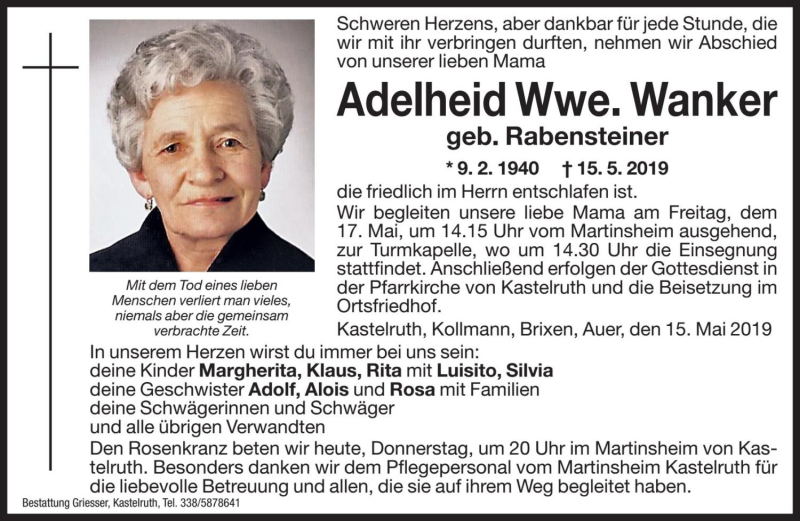  Traueranzeige für Adelheid Wanker vom 16.05.2019 aus Dolomiten