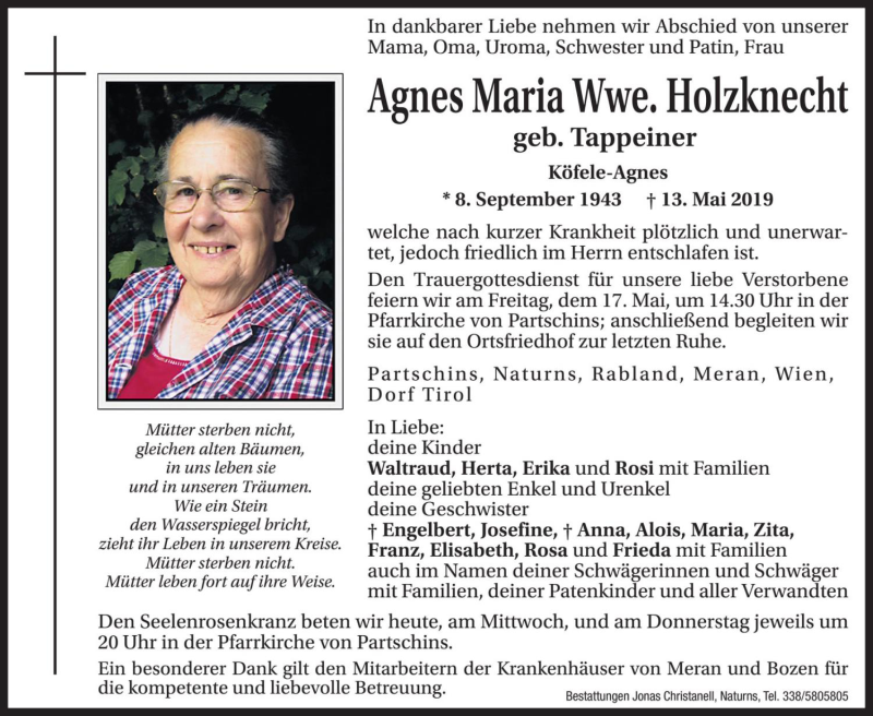  Traueranzeige für Agnes Maria Holzknecht vom 15.05.2019 aus Dolomiten