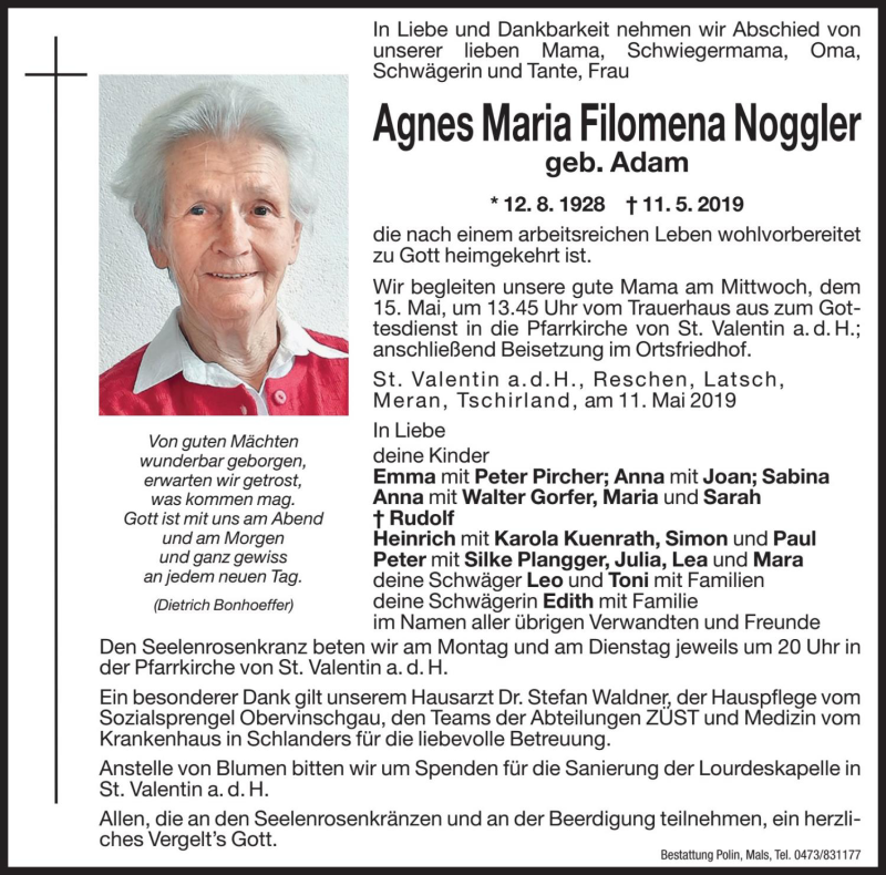  Traueranzeige für Agnes Maria Filomena Noggler vom 13.05.2019 aus Dolomiten
