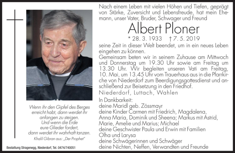  Traueranzeige für Albert Ploner vom 08.05.2019 aus Dolomiten