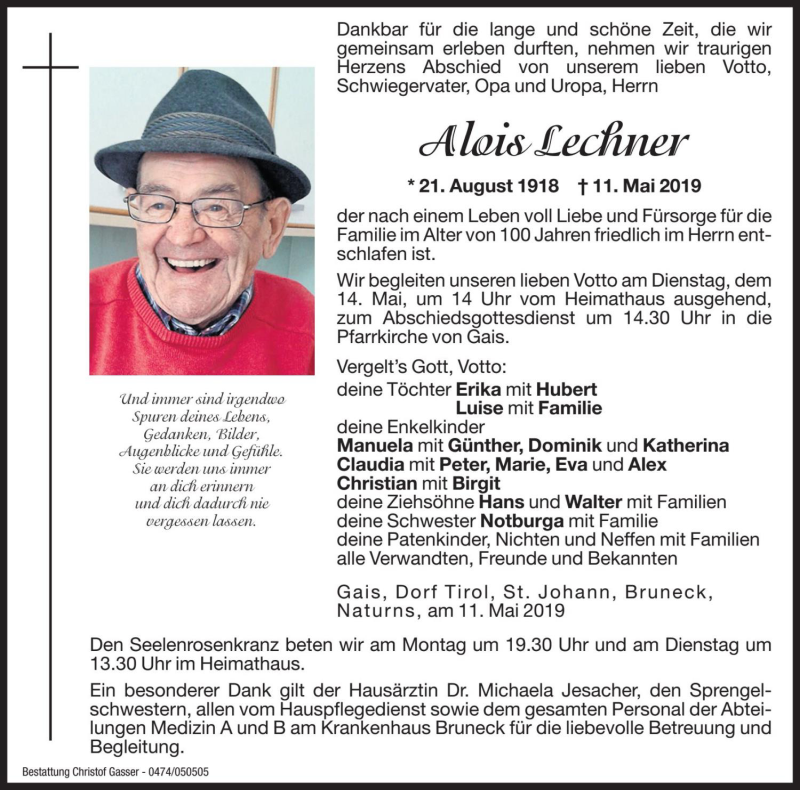  Traueranzeige für Alois Lechner vom 13.05.2019 aus Dolomiten