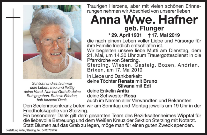  Traueranzeige für Anna Hafner vom 18.05.2019 aus Dolomiten
