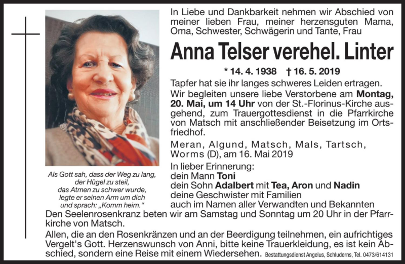  Traueranzeige für Anna Linter vom 18.05.2019 aus Dolomiten