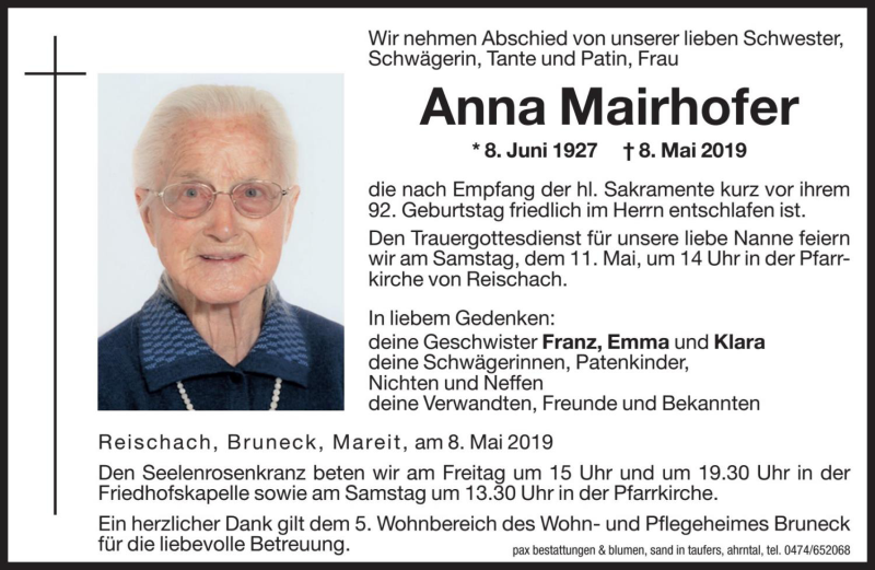  Traueranzeige für Anna Mairhofer vom 10.05.2019 aus Dolomiten
