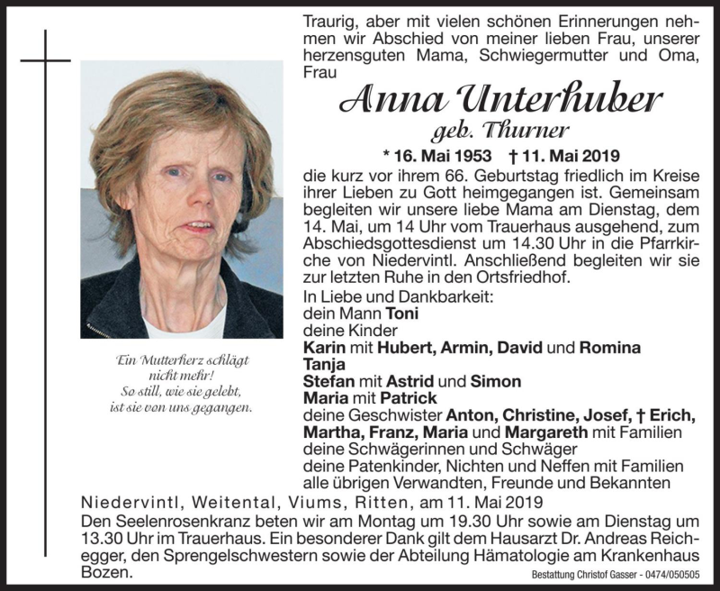  Traueranzeige für Anna Unterhuber vom 13.05.2019 aus Dolomiten