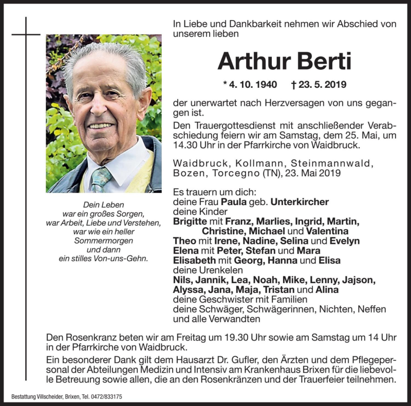  Traueranzeige für Arthur Berti vom 24.05.2019 aus Dolomiten