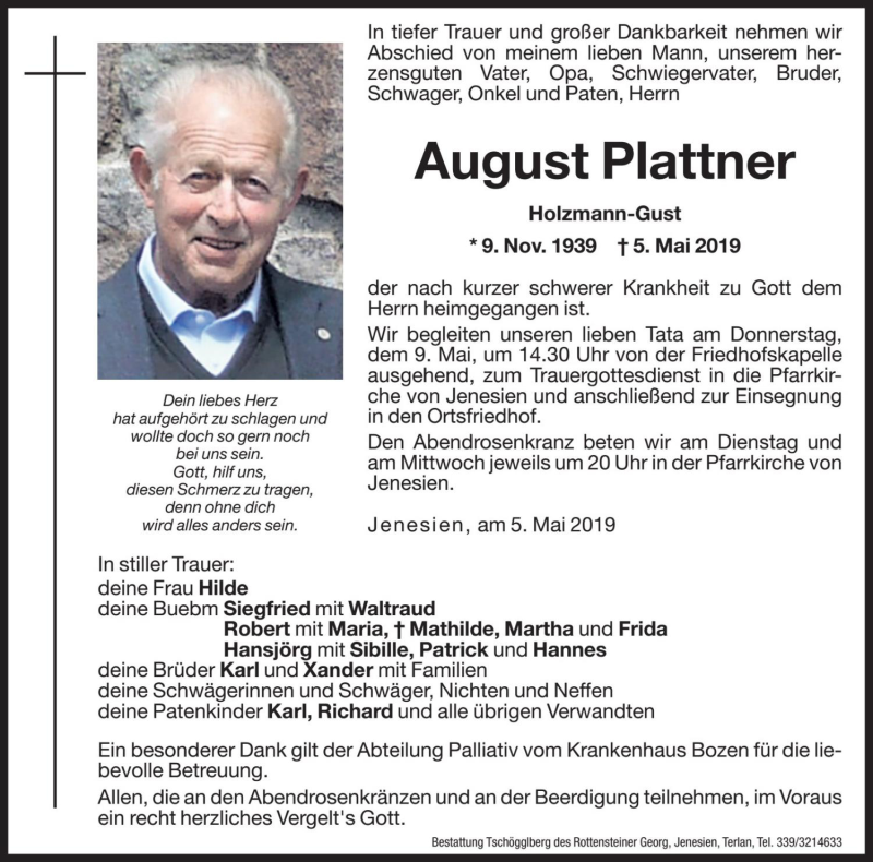  Traueranzeige für August Plattner vom 07.05.2019 aus Dolomiten