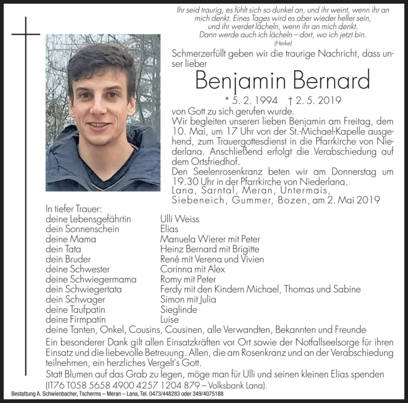  Traueranzeige für Benjamin Bernard vom 08.05.2019 aus Dolomiten