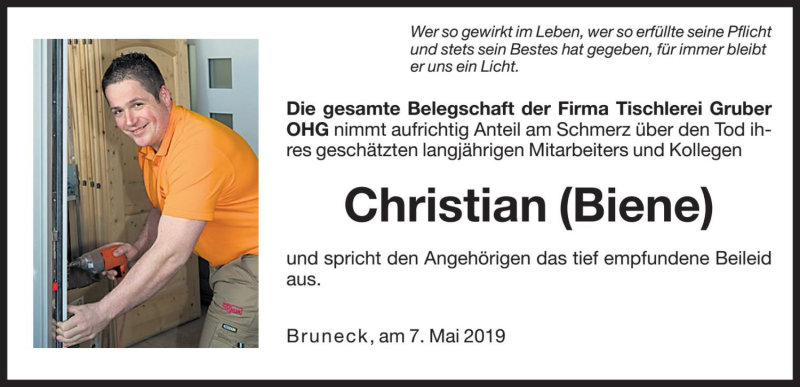  Traueranzeige für Christian Dellegg vom 09.05.2019 aus Dolomiten