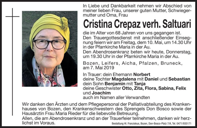  Traueranzeige für Cristina Saltuari vom 09.05.2019 aus Dolomiten