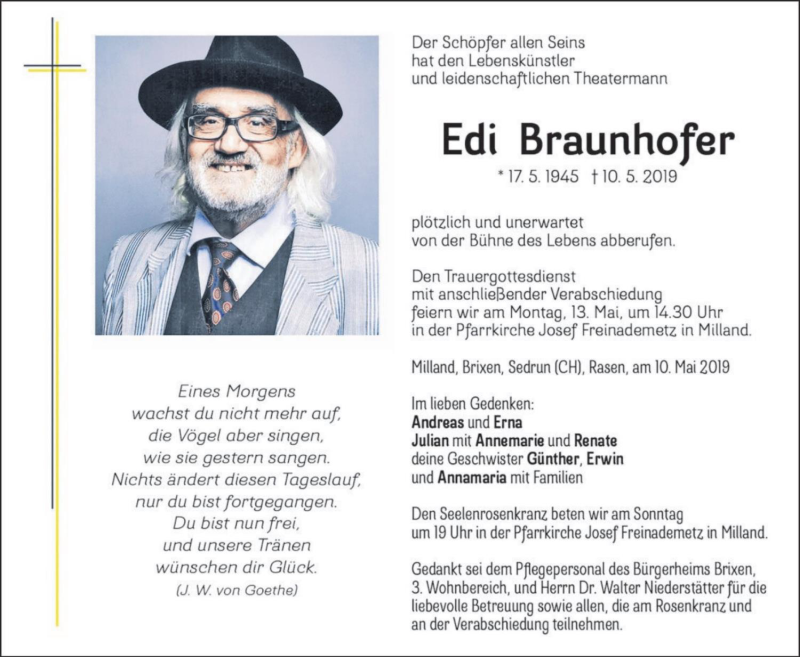  Traueranzeige für Edi Braunhofer vom 11.05.2019 aus Dolomiten