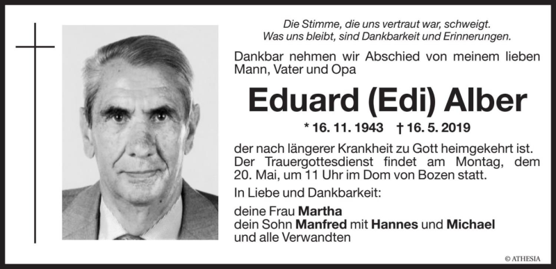  Traueranzeige für Eduard Alber vom 17.05.2019 aus Dolomiten