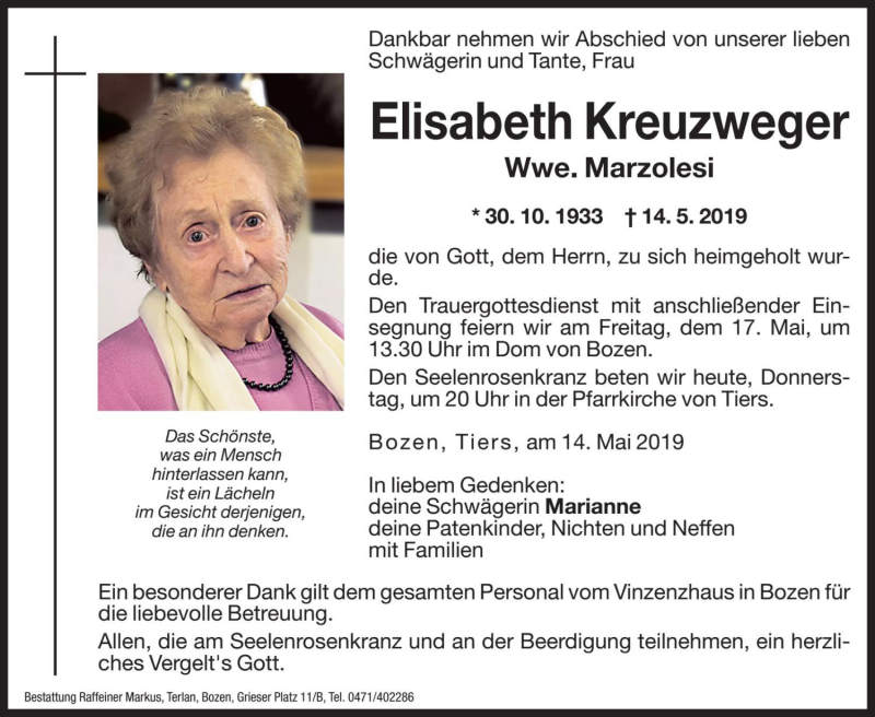  Traueranzeige für Elisabeth Marzolesi vom 16.05.2019 aus Dolomiten