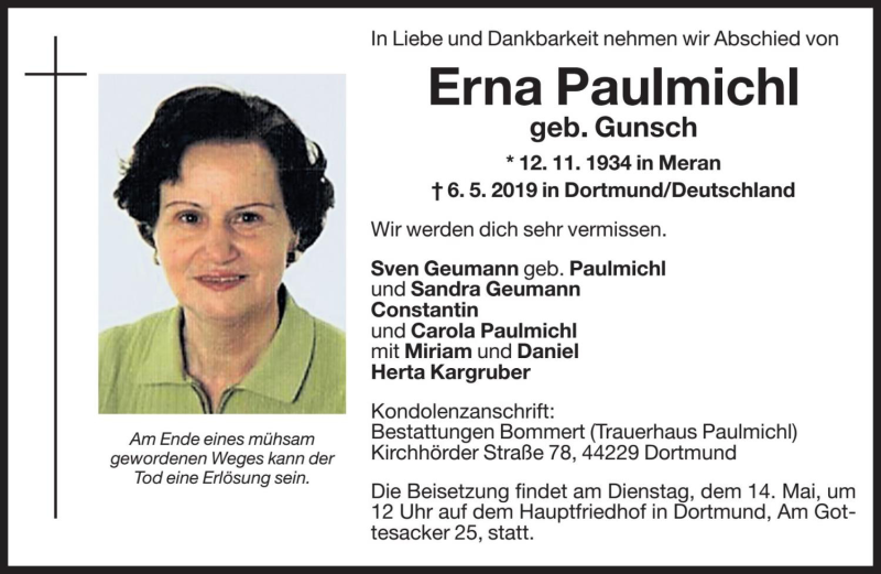  Traueranzeige für Erna Paulmichl vom 11.05.2019 aus Dolomiten