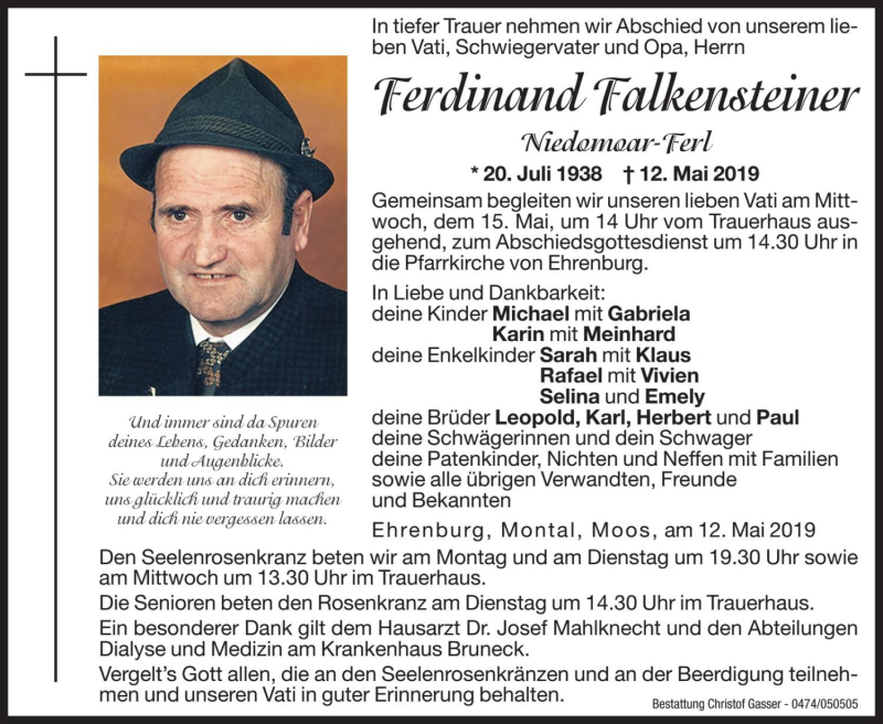  Traueranzeige für Ferdinand Falkensteiner vom 13.05.2019 aus Dolomiten