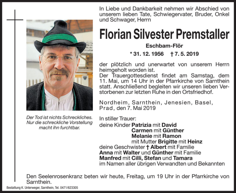  Traueranzeige für Florian Silvester Premstaller vom 10.05.2019 aus Dolomiten