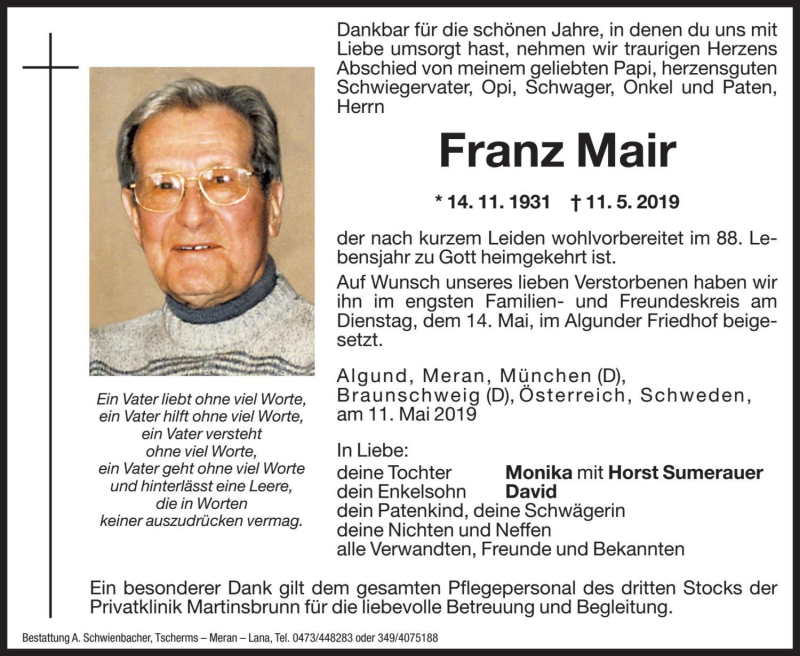  Traueranzeige für Franz Mair vom 17.05.2019 aus Dolomiten